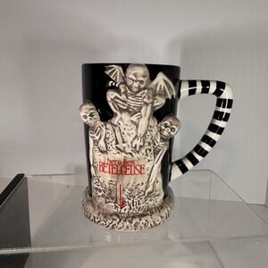 Beetlejuice 3D Skeleton Ceramic Mug Black w/ Striped Handle "Here Lies"